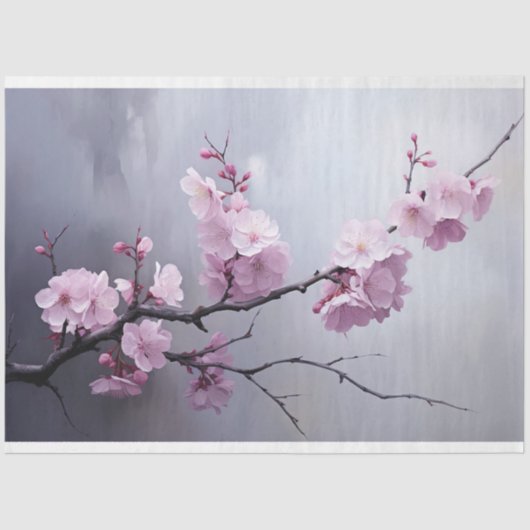 ピンクの桜の枝 霞んだ銀色の空 薄葉紙 (正面)