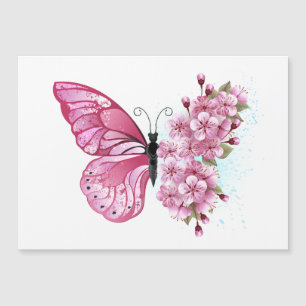 ピンクの桜の花と蝶