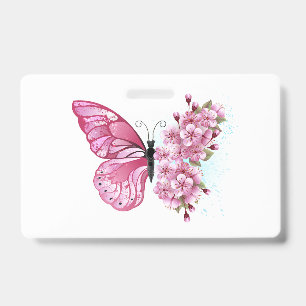 ピンクの桜の花と蝶 バッジ