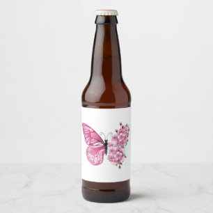 ピンクの桜の花と蝶 ビールラベル