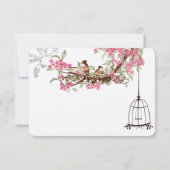 ピンクの桜の花と青緑の鳥の鳥かごRSVP 出欠カード (裏面)