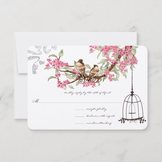 ピンクの桜の花と青緑の鳥の鳥かごRSVP 出欠カード (正面)