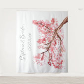ピンクの桜の花のウェディング フォトブース タペストリー (正面)