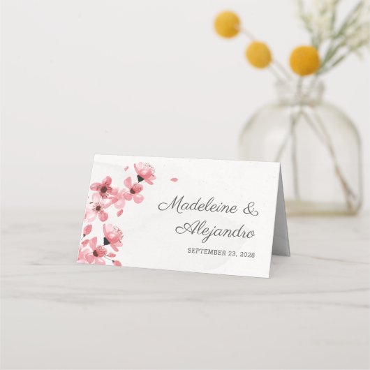 ピンクの桜の花のウェディング フローラル プレイスクカード プレイスカード (正面)