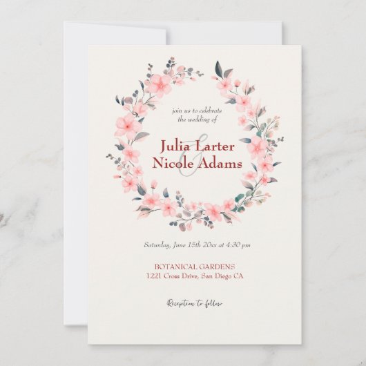 ピンクの桜の花のシャワー ウェディング 招待状 (正面)