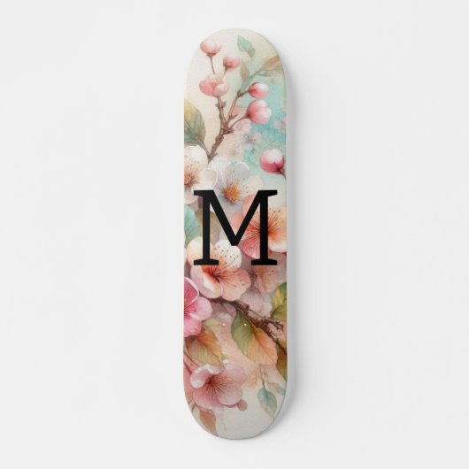 ピンクの桜の花のフラワーウォーターカラーモノグラム スケートボード (正面)