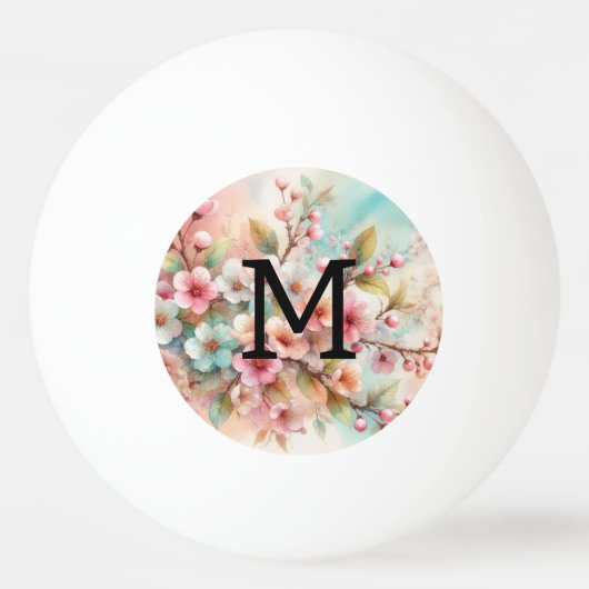 ピンクの桜の花のフラワーウォーターカラーモノグラム 卓球ボール (正面)