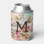 ピンクの桜の花のフラワーウォーターカラーモノグラム 缶クーラー (缶正面)