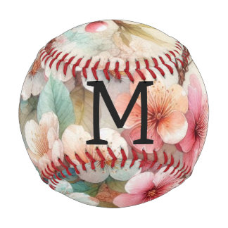 ピンクの桜の花のフラワーウォーターカラーモノグラム 野球ボール