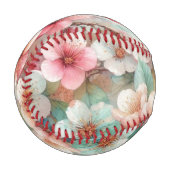 ピンクの桜の花のフラワーウォーターカラーモノグラム 野球ボール (正面左)