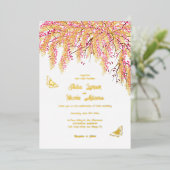 ピンクの桜の花のフラワーシャワーの結婚式 箔招待状 (立ち正面)