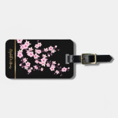 ピンクの桜の花のブラックカスタマイザブル ラゲッジタグ (正面横)