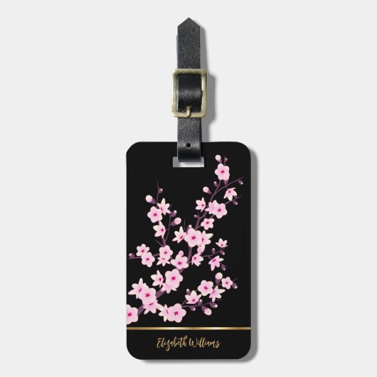ピンクの桜の花のブラックカスタマイザブル ラゲッジタグ (正面縦)