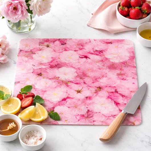 ピンクの桜の花のボタニカル柄のガラス製まな板 カッティングボード