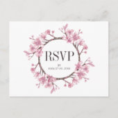 ピンクの桜の花のリース 結婚式の出欠確認 インビテーションポストカード (正面)