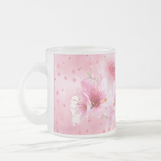ピンクの桜の花の水彩フラワーマグ フロストグラスマグカップ (左)