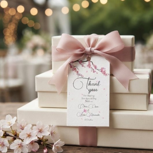 ピンクの桜の花の水彩植物画の結婚式 ギフトタグ