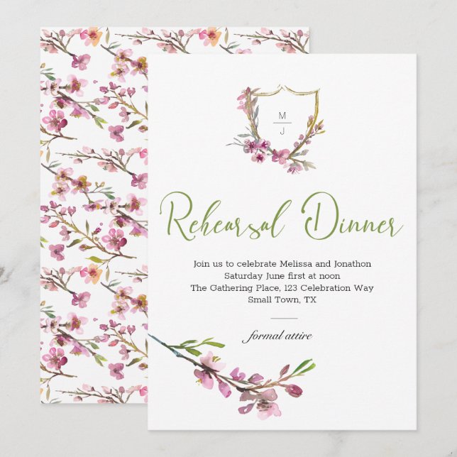 ピンクの桜の花の結婚式リハーサルディナー (正面/裏面)