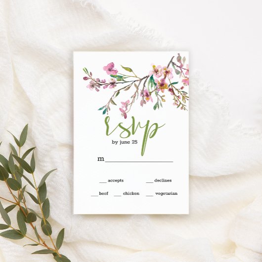 ピンクの桜の花の結婚式RSVPカード 出欠カード