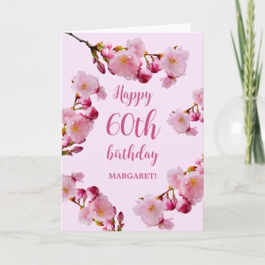 ピンクの桜の花の華やかな60歳の誕生日 カード (正面)