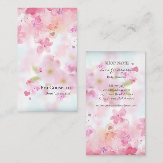 ピンクの桜の花びらが舞うオシャレな名刺  名刺 (正面/裏面)