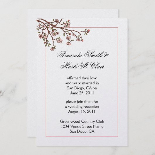 ピンクの桜の花を飾ったウェディング・レセプションのご案内 招待状 (正面/裏面)