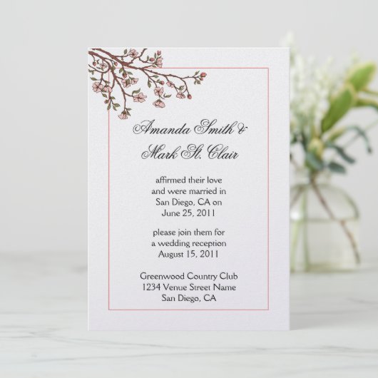 ピンクの桜の花を飾ったウェディング・レセプションのご案内 招待状 (スタンド正面)