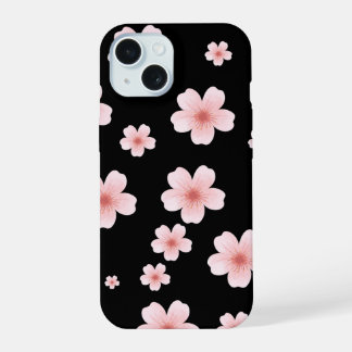 ピンクの桜の花柄 ダークフラワーデザイン iPhone 15ケース