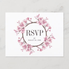 ピンクの桜の花輪 ウェディング RSVP インビテーションポストカード