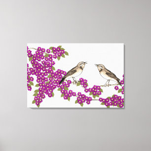 ピンクの桜の花 ビンテージラブバード キャンバスプリント