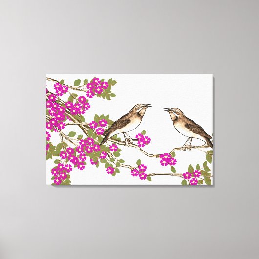 ピンクの桜の花　ヴィンテージな恋の鳥 キャンバスプリント (正面)