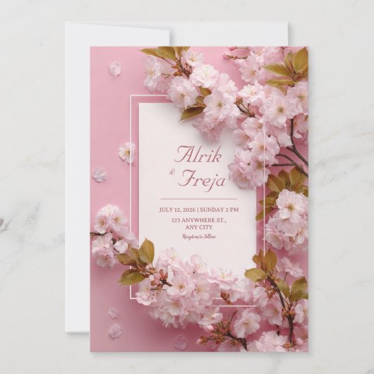 ピンクの桜の花 春の結婚式 招待状 (正面)