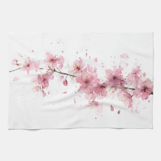 ピンクの桜の花 水彩フラワーボホ キッチンタオル (横)