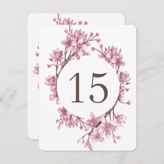 ピンクの桜の花。花の結婚式のテーブル番号 招待状 (正面/裏面)