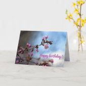 ピンクの桜の花、青空、白い雲 カード (黄色い花)