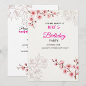 ピンクの桜の誕生日招待状 | 水彩 招待状 (正面/裏面)