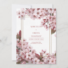 ピンクの桜の金のフレームのエレガントな結婚式 招待状
