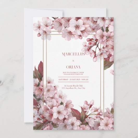 ピンクの桜の金のフレームのエレガントな結婚式 招待状 (正面)