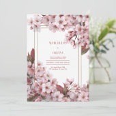 ピンクの桜の金のフレームのエレガントな結婚式 招待状 (スタンド正面)