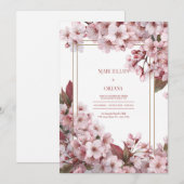 ピンクの桜の金のフレームのエレガントな結婚式 招待状 (正面/裏面)