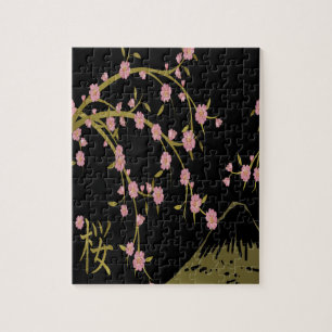 ピンクの桜の金ゴールドの黒の日本人スクリーン ジグソーパズル