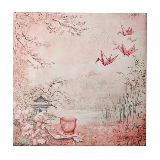 ピンクの桜の静謐な風景 (1) タイル (正面)