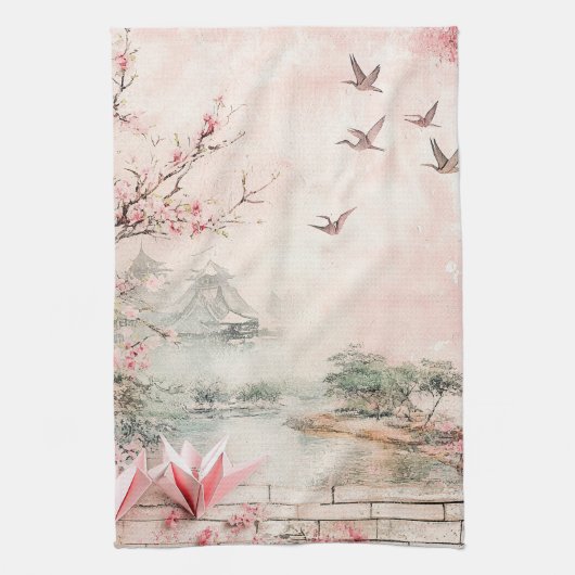ピンクの桜の静謐な風景 (2) キッチンタオル (縦)