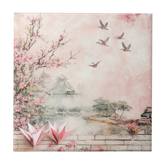 ピンクの桜の静謐な風景 (2) タイル (正面)