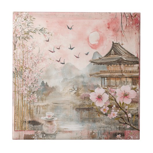 ピンクの桜の静謐な風景 (4) タイル (正面)
