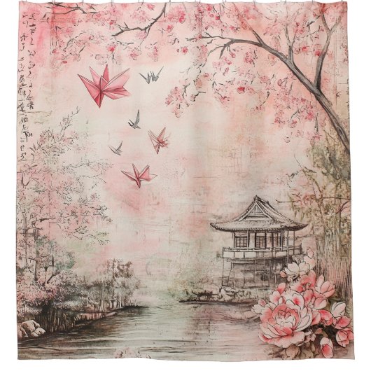 ピンクの桜の静謐な風景 (6) シャワーカーテン (正面)