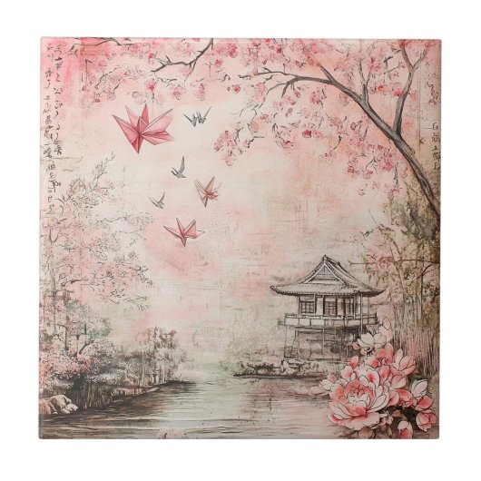 ピンクの桜の静謐な風景 (6) タイル (正面)