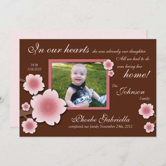 ピンクの桜及びブラウンの採用の発表 案内状 (正面/裏面)