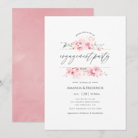 ピンクの桜幾何学模様エンゲージメントパーティー 招待状 (正面/裏面)