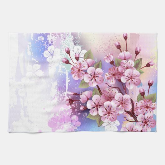 ピンクの桜絵画の背景 キッチンタオル (横)